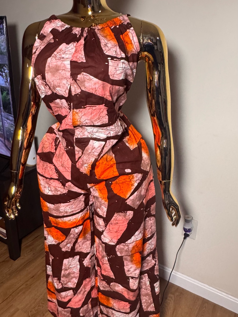 Halter-Neck Wide-Leg Jumpsuit in Rust Multi Print - Picture 7 of 15